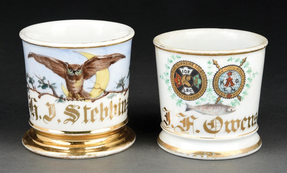 LOT OF 2: OWL AND FRATERNAL FISH SHAVING MUGS