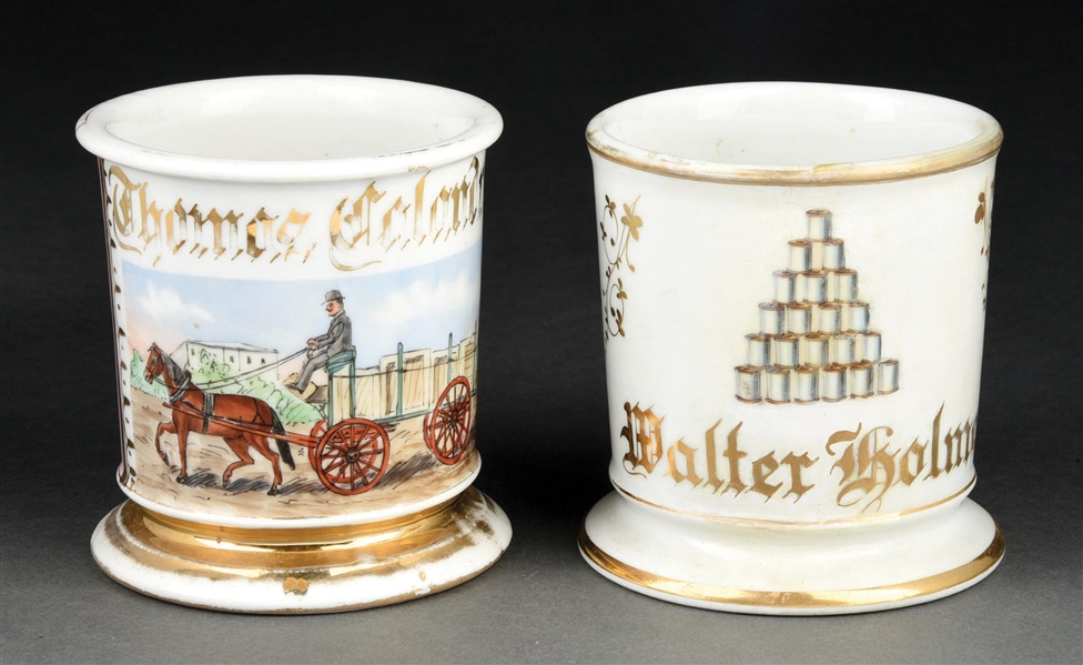 LOT OF 2: STACKED CANS AND HORSE DRAWN CART SHAVING MUGS