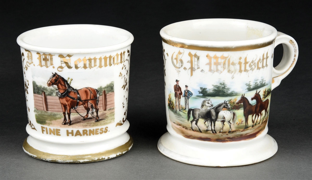LOT OF 2: HORSES AND HORSES IN HARNESS SHAVING MUGS