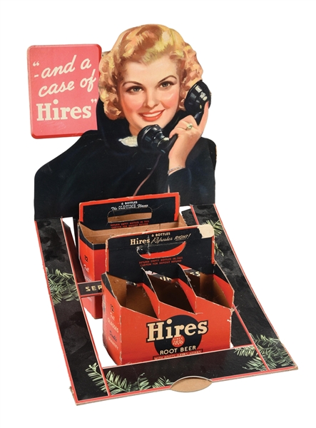 HIRES R-J ROOT BEER CARDBOARD LITHOGRAPH COUNTERTOP 6-PACK DISPLAY W/ BEAUTIFUL WOMAN GRAPHIC