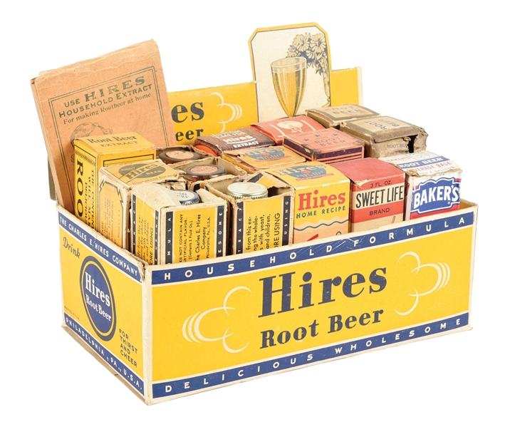 CARDBOARD LITHOGRAPH HIRES ROOT BEER COUNTERTOP DISPLAY BOX W/ VARIOUS NOS PRODUCT