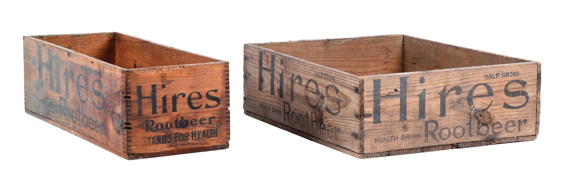 COLLECTION OF 2 EARLY HIRES ROOT BEER WOODEN CRATES