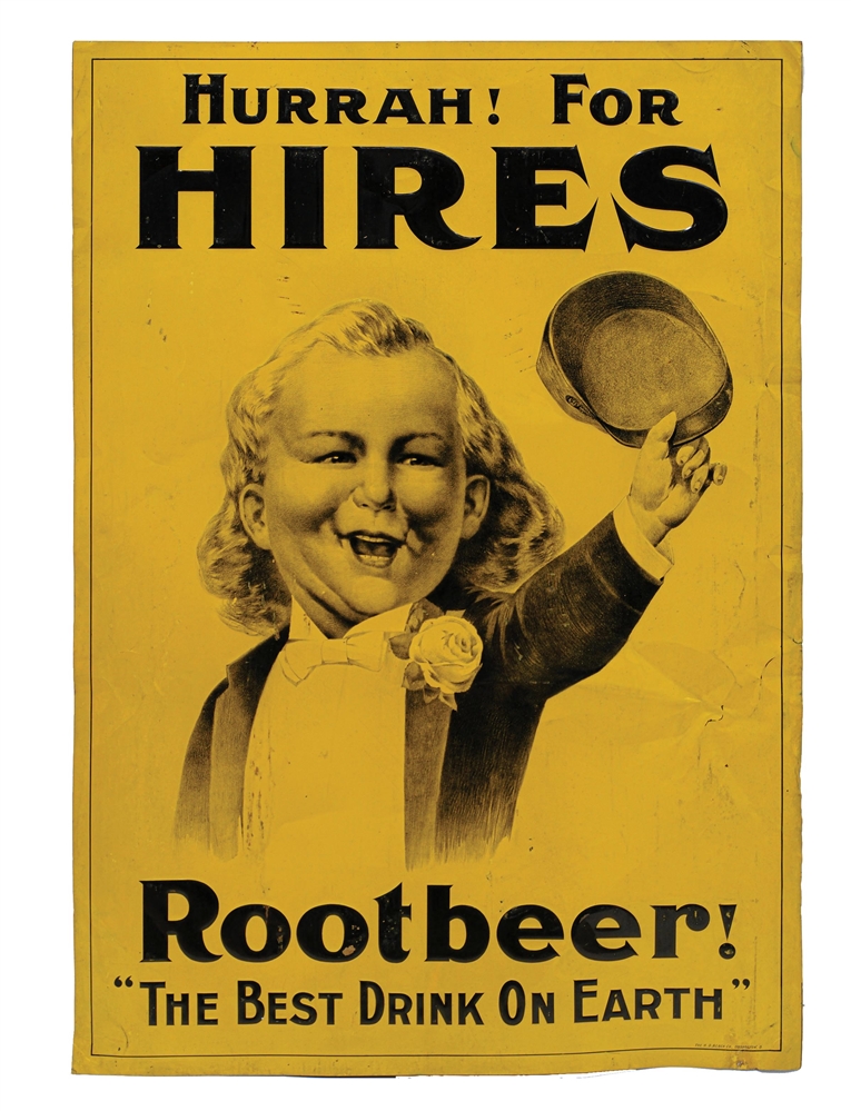 "HURRAH! FOR HIRES ROOTBEER!" EMBOSSED TIN LITHOGRAPH W/ UGLY KID GRAPHIC