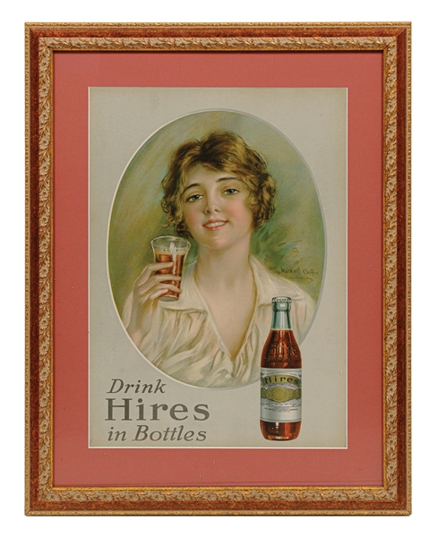 "DRINK HIRES IN BOTTLES" PROFESSIONALLY FRAMED & MATTED CARDSTOCK LITHOGRAPH W/ BEAUTIFUL WOMAN & BOTTLE GRAPHIC