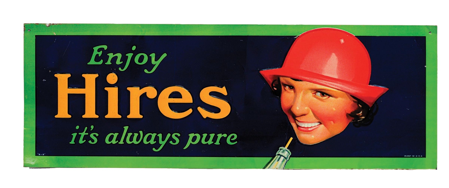 "ENJOY HIRES ITS ALWAYS PURE" EMBOSSED TIN SIGN W/ BEAUTIFUL WOMAN GRAPHIC