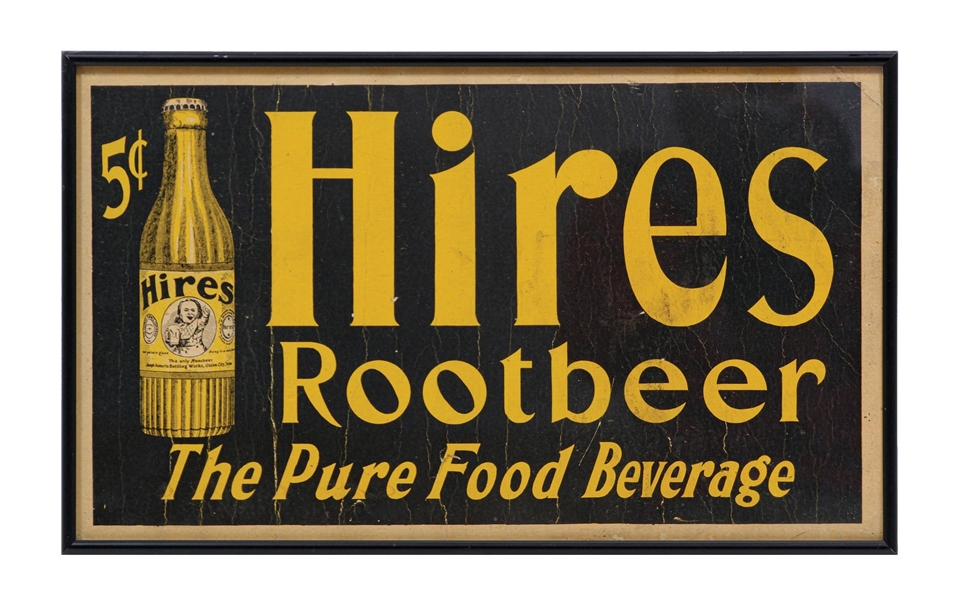 HIRES ROOT BEER "THE PURE FOOD BEVERAGE" CARDSTOCK SIGN W/ EARLY BOTTLE GRAPHIC