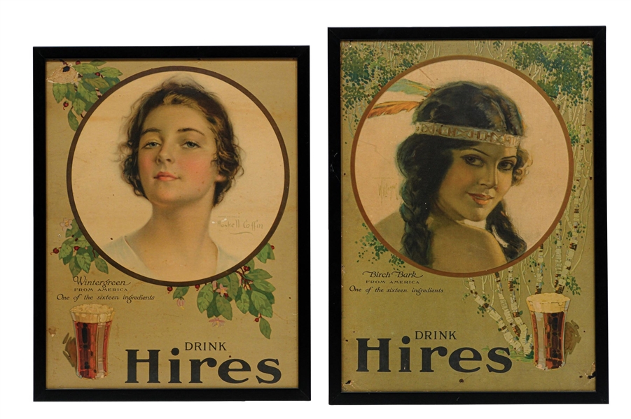 COLLECTION OF 2 "DRINK HIRES" CARDSTOCK LITHOGRAPHS W/ BEAUTIFUL WOMAN GRAPHIC