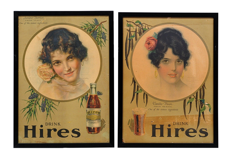 COLLECTION OF 2 EARLY "DRINK HIRES" CARDSTOCK LITHOGRAPHS W/ BEAUTIFUL WOMAN GRAPHICS