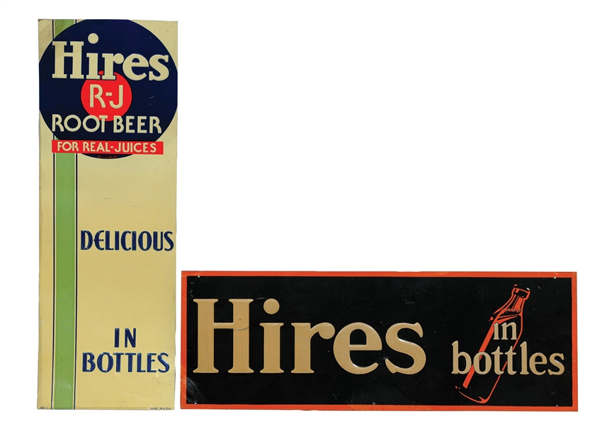 COLLECTION OF 2 EMBOSSED HIRES ROOT BEER PAINTED TIN SIGNS