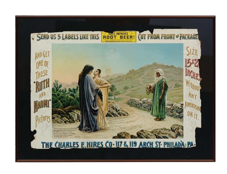 OUTSTANDING & EARLY FRAMED HIRES ROOT BEER PAPER LITHOGRAPH W/ BIBLICAL GRAPHIC