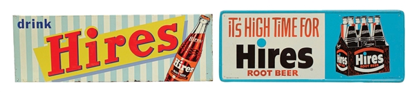 COLLECTION OF 2 EMBOSSED TIN HIRES ROOT BEER SIGNS W/ BOTTLE GRAPHICS