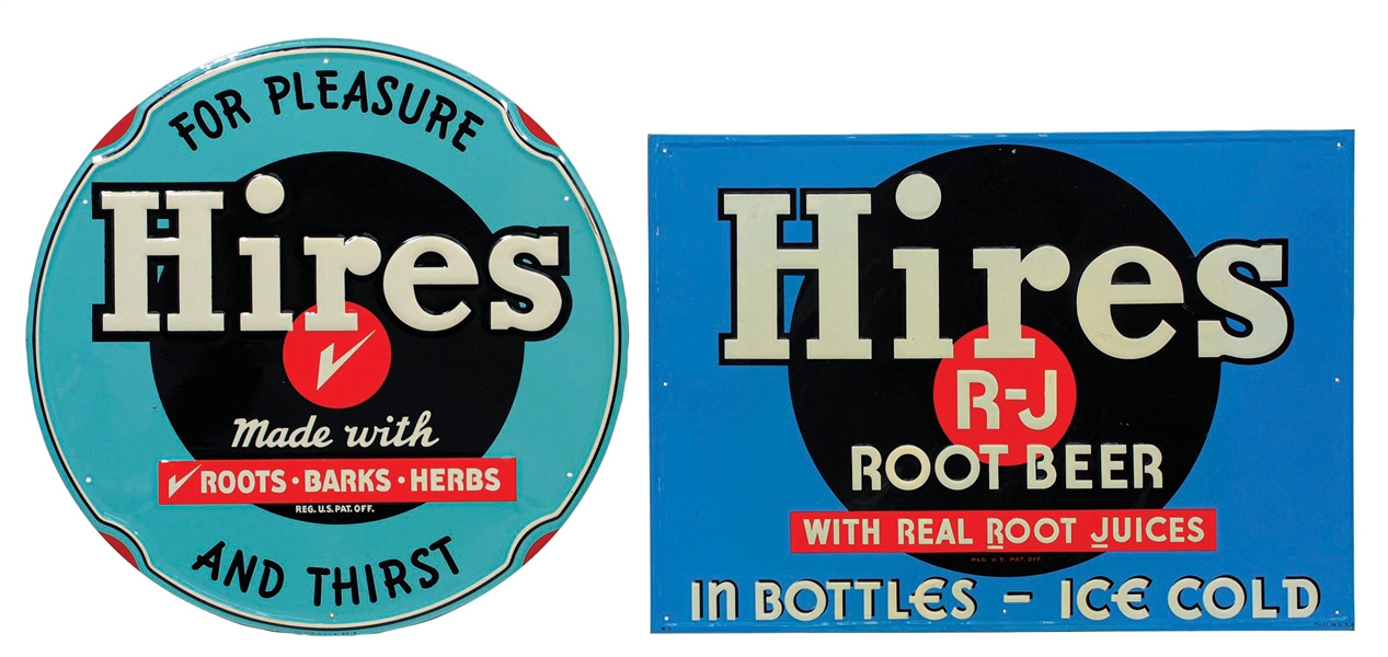 COLLECTION OF 2 HIRES ROOT BEER SELF-FRAMED EMBOSSED TIN SIGNS