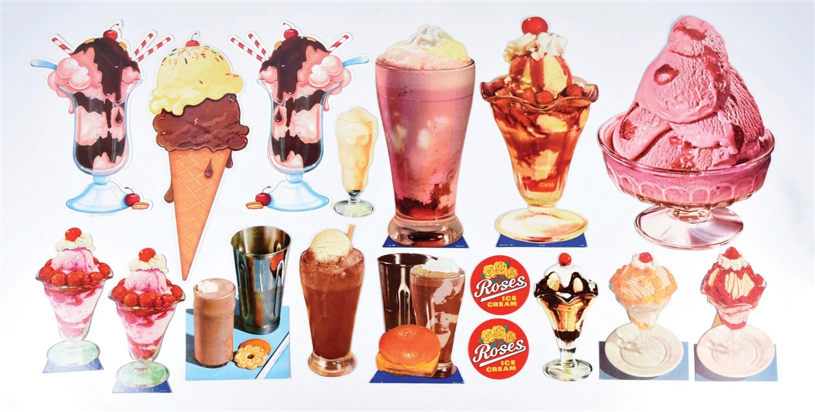 COLLECTION OF 17 CARDBOARD ICE CREAM ELEMENT SIGNS