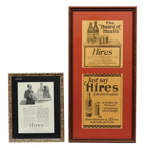 COLLECTION OF 2 PROFESSIONALLY FRAMED HIRES ROOT BEER ADVERTISEMENTS W/ VARIOUS BOTTLES & SYRUP DISPENSER GRAPHIC