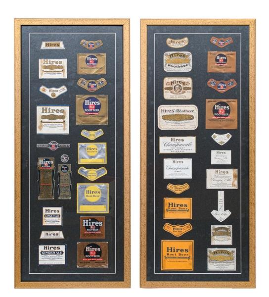 LOT OF 2 PROFESSIONALLY FRAMED HIRES ROOT BEER PAPER LABEL ASSORTMENTS