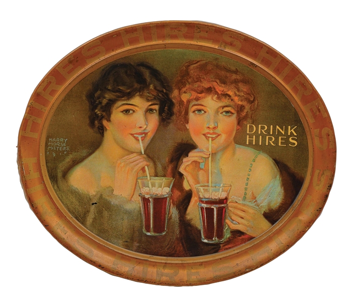 "DRINK HIRES ROOT BEER" SELF FRAMED TIN LITHOGRAPH W/ BEAUTIFUL WOMAN GRAPHICS