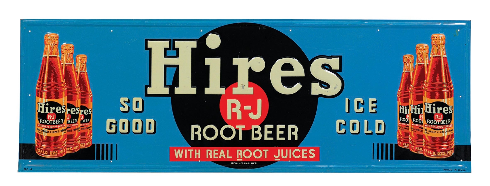 HIRES ROOT BEER SELF FRAMED EMBOSSED TIN SIGN W/ BOTTLE GRAPHICS