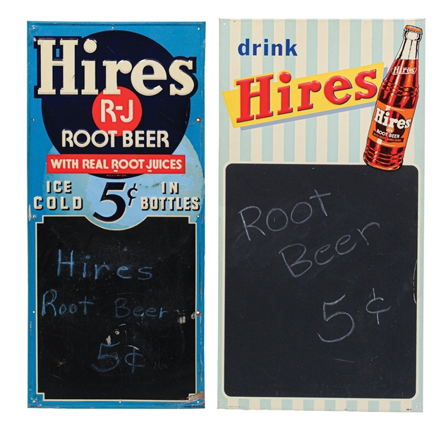 COLLECTION OF 2 HIRES ROOT BEER EMBOSSED TIN CHALKBOARD SIGNS