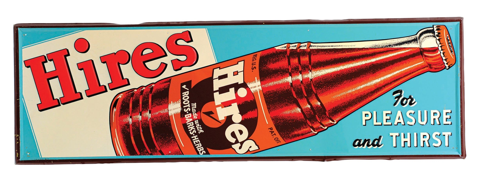 HIRES ROOT BEER SELF-FRAMED EMBOSSED TIN SIGN W/ BOTTLE GRAPHIC