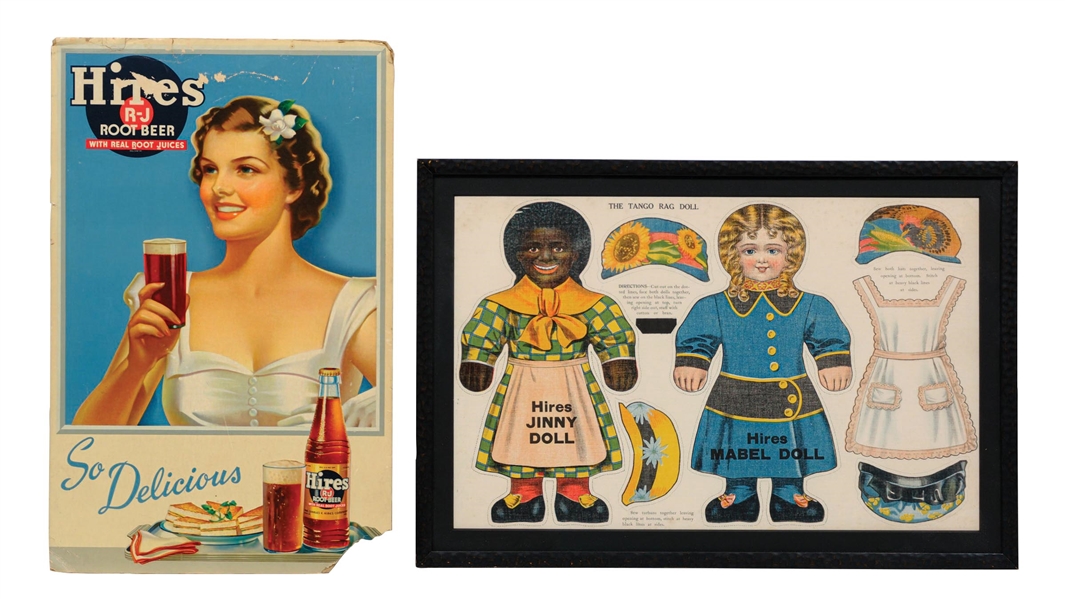 COLLECTION OF 2 HIRES ROOT BEER LITHOGRAPH & CLOTH BANNER W/ VARIOUS GRAPHICS