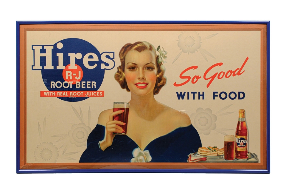 HIRES ROOT BEER "SO GOOD WITH FOOD" CARDBOARD LITHOGRAPH W/ BEAUTIFUL WOMAN GRAPHIC