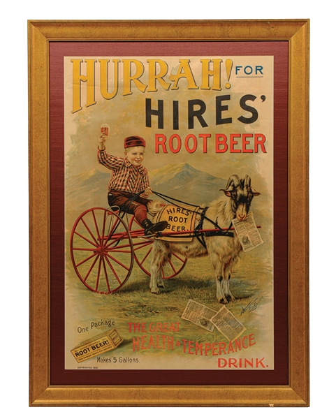 EXTREMELY EARLY "HURRAH! FOR HIRES ROOT BEER" PAPER LITHOGRAPH W/ LITTLE BOY GRAPHIC