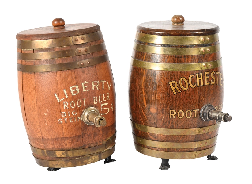 COLLECTION OF 2 WOOD BARREL ROOT BEER BARREL SYRUP DISPENSERS