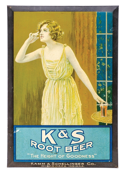 K&S ROOT BEER TIN-OVER-CARDBOARD SIGN