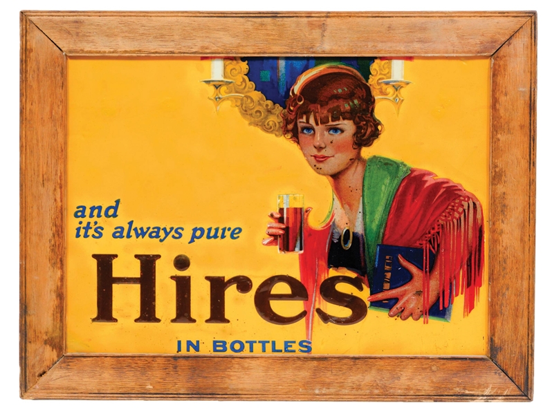 TIN HIRES ROOT BEER ADVERTISING SIGN W/ WOMAN GRAPHIC