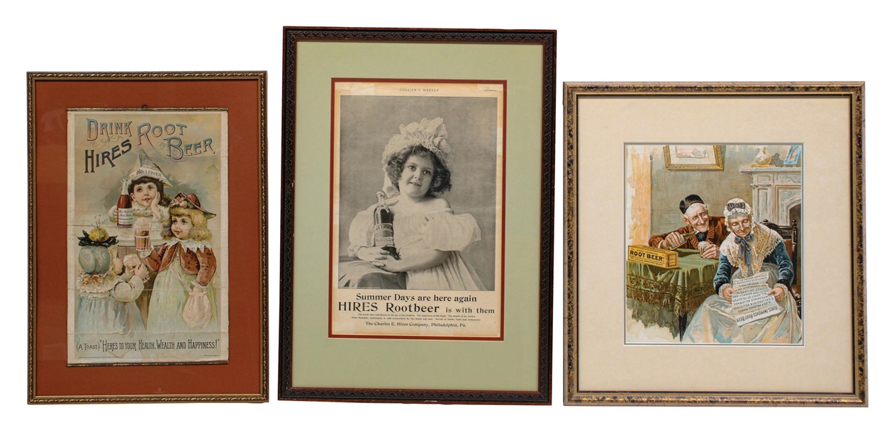 COLLECTION OF 3 FRAMED HIRES ROOT BEER PAPER ADVERTISEMENTS