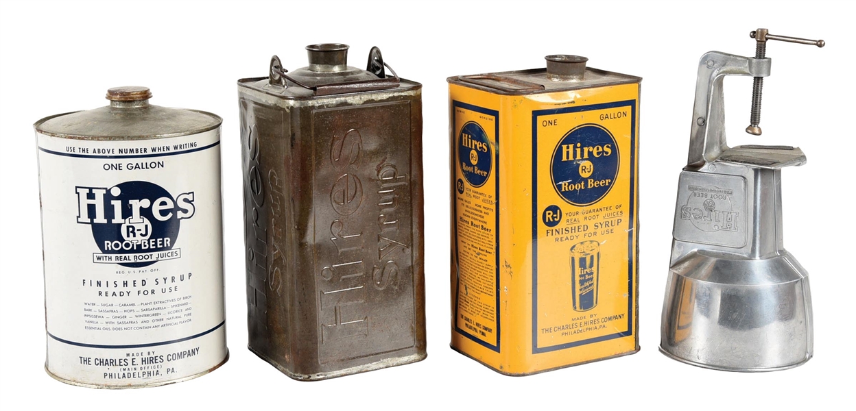 COLLECTION OF 4 HIRES ROOT BEER SYRUP CANS & DISPENSER