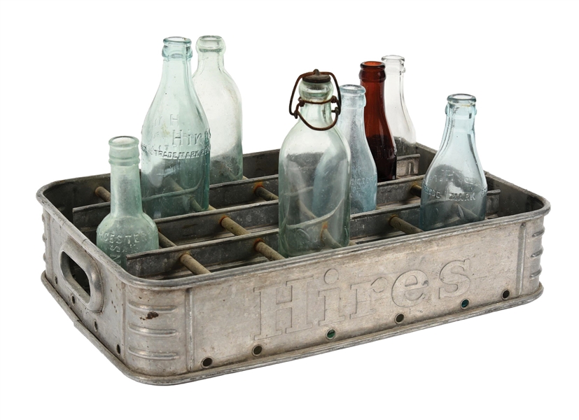 COLLECTION OF HIRES ROOT BEER METAL BOTTLE CRATE & BOTTLES