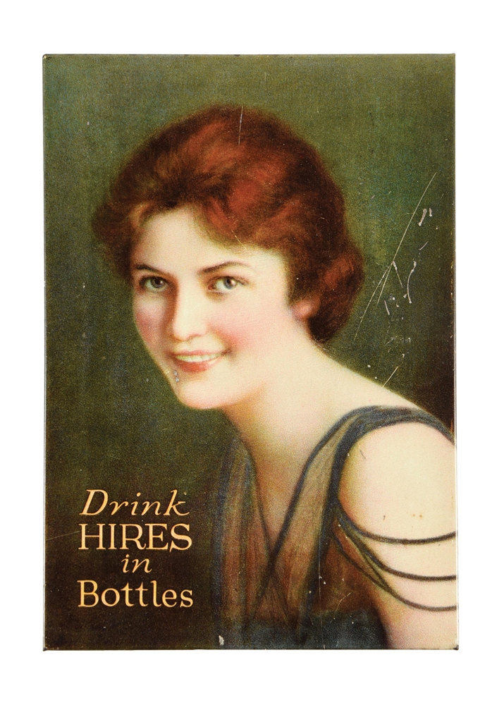 EARLY HIRES ROOT BEER TIN-OVER-CARDBOARD SIGN W/ WOMAN GRAPHIC