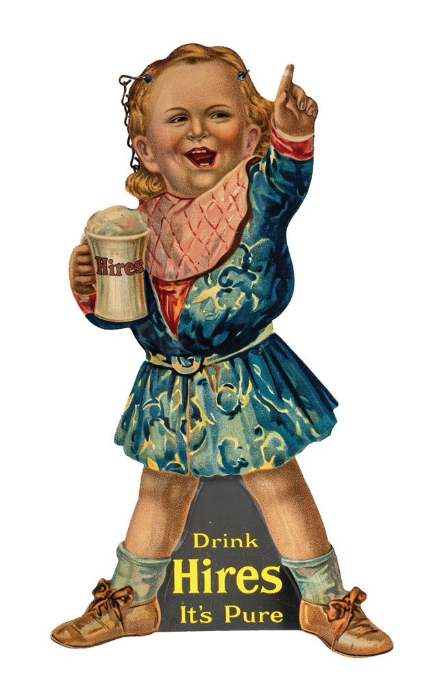 "DRINK HIRES ITS PURE" EMBOSSED TIN SIGN W/ UGLY KID GRAPHIC