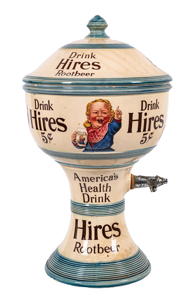 EARLY CERAMIC HIRES ROOT BEER DISPENSER W/ UGLY KID GRAPHICS
