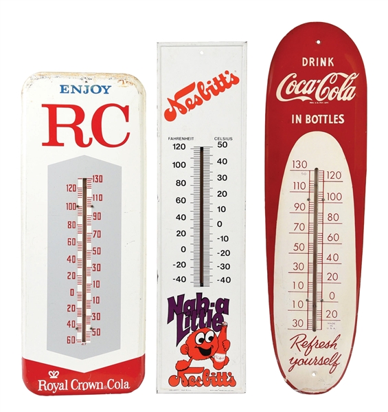 COLLECTION OF 3 SODA POP PAINTED METAL THERMOMETERS