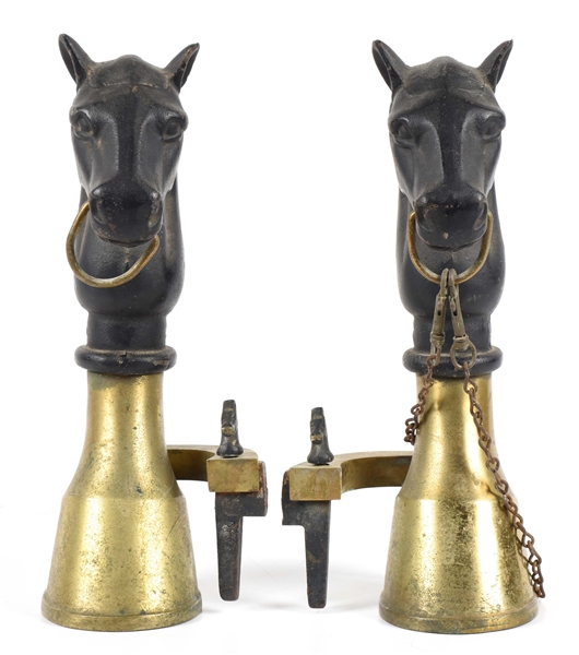 CAST IRON HORSE HEAD BRASS HITCHING POST ANDIRONS