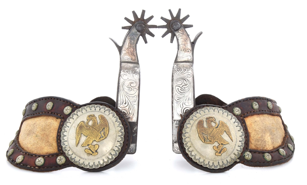 PAIR OF SILVER OVERLAID SPURS WITH FANCY STRAPS