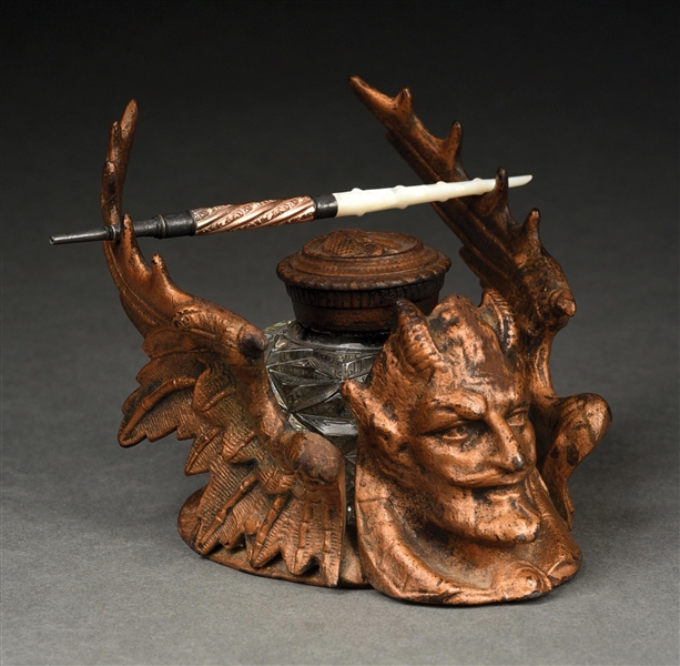 CAST IRON HORNED DEVIL W/ WINGS INKWELL