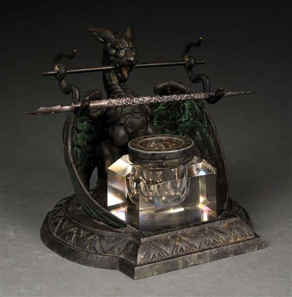 BRONZE HORNED & WINGED DRAGON INKWELL