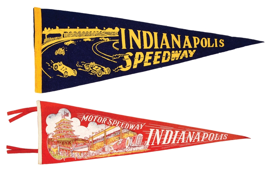 COLLECTION OF TWO: INDIANAPOLIS SPEEDWAY FELT SOUVENIR PENNANTS W/ CAR GRAPHICS. 