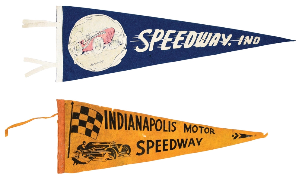 COLLECTION OF TWO: INDIANAPOLIS MOTOR SPEEDWAY SOUVENIR FELT PENNANTS. 