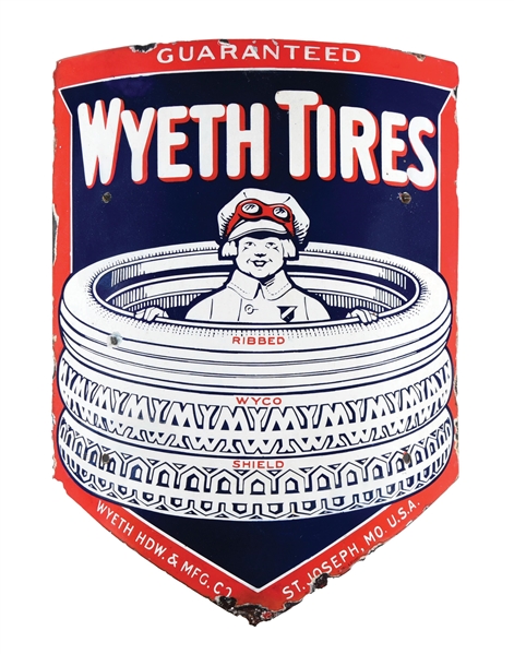 RARE WYETH TIRES CURVED PORCELAIN SIGN W/ "BOY IN THE TIRE" GRAPHIC. 