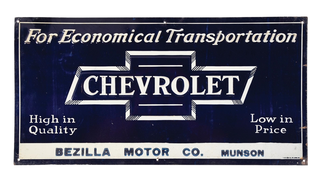 CHEVROLET "FOR ECONOMICAL TRANSPORTATION" EMBOSSED TIN SIGN W/ BOW TIE GRAPHIC. 