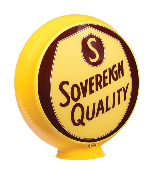 SOVEREIGN QUALITY GASOLINE COMPLETE 13.25" GLOBE ON REPRODUCTION YELLOW RIPPLE GILL GLASS BODY.