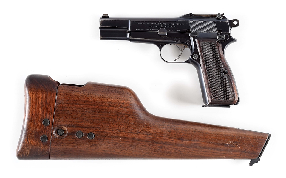 (C) PRE-WAR FN HIGH POWER SEMI-AUTOMATIC PISTOL WITH STOCK HOLSTER.