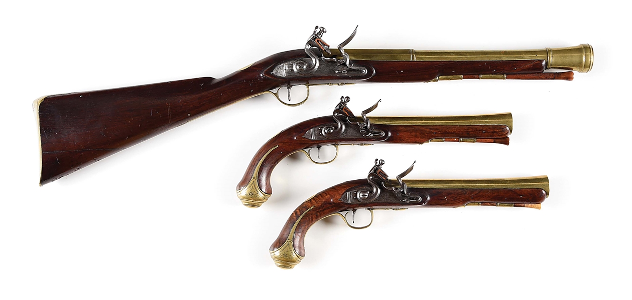 (A) LOT OF 3: BRACE OF FLINTLOCK BLUNDERBUSS PISTOLS AND BLUNDERBUSS BY J & W RICHARDS.