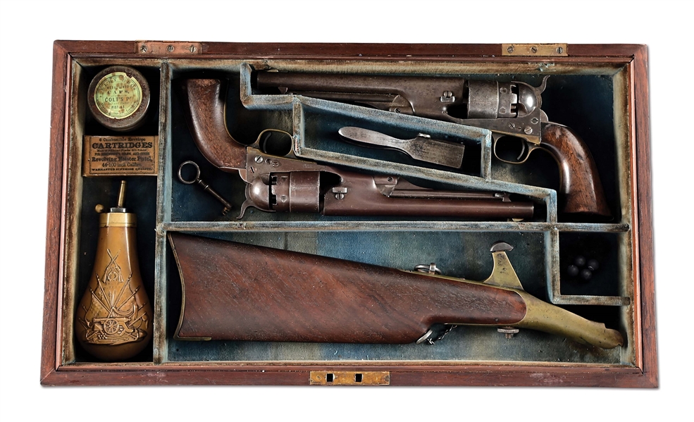 (A) VERY RARE CASED CONSECUTIVE PAIR OF MARTIAL COLT 1860 ARMY REVOLVERS WITH MATCHING CANTEEN STOCK.