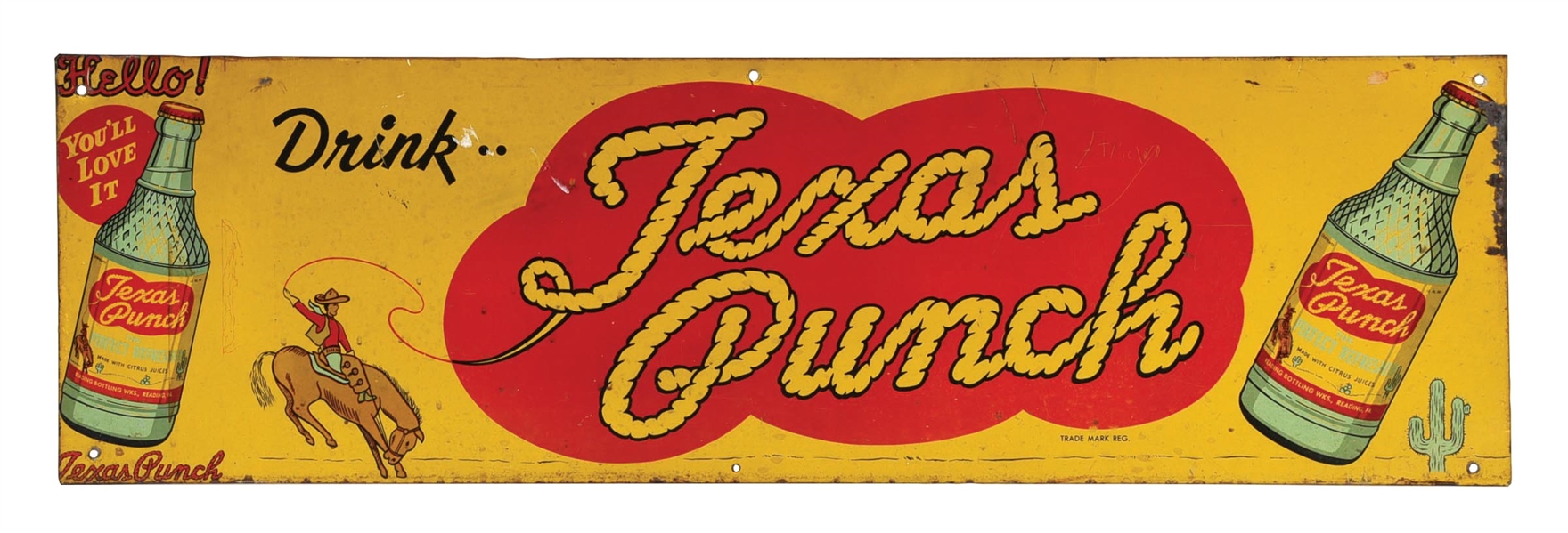 RARE DRINK TEXAS PUNCH TIN SIGN W/ WESTERN GRAPHIC.