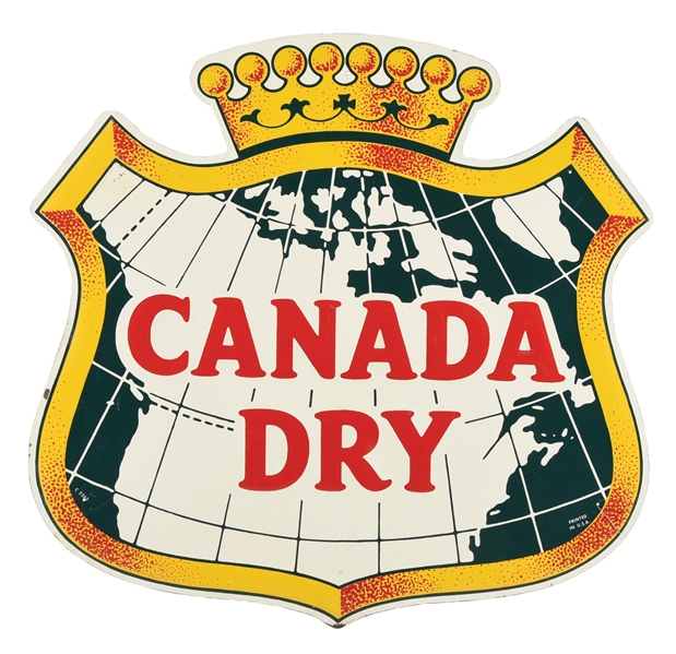 CANADA DRY EMBOSSED EMBOSSED TIN SIGN W/ CROWN GRAPHIC.